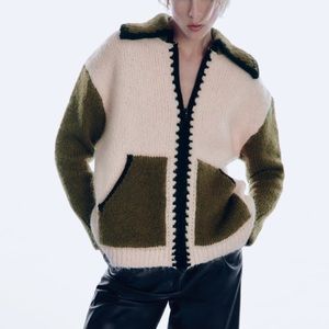NWT Zara oversized knit collared zipper cardigan